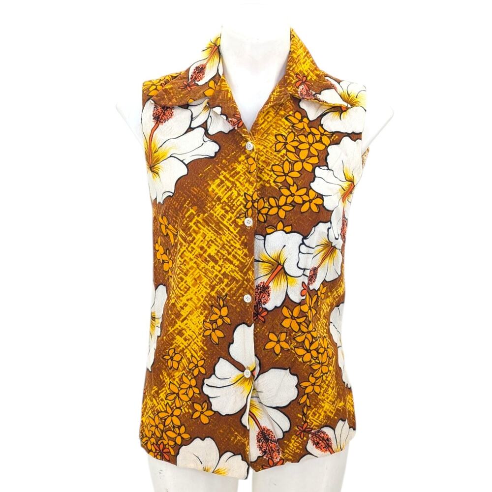 Vintage Pomare Brown Barkcloth Sleeveless Tank Shirt Dagger Collar Hawaii Tiki
